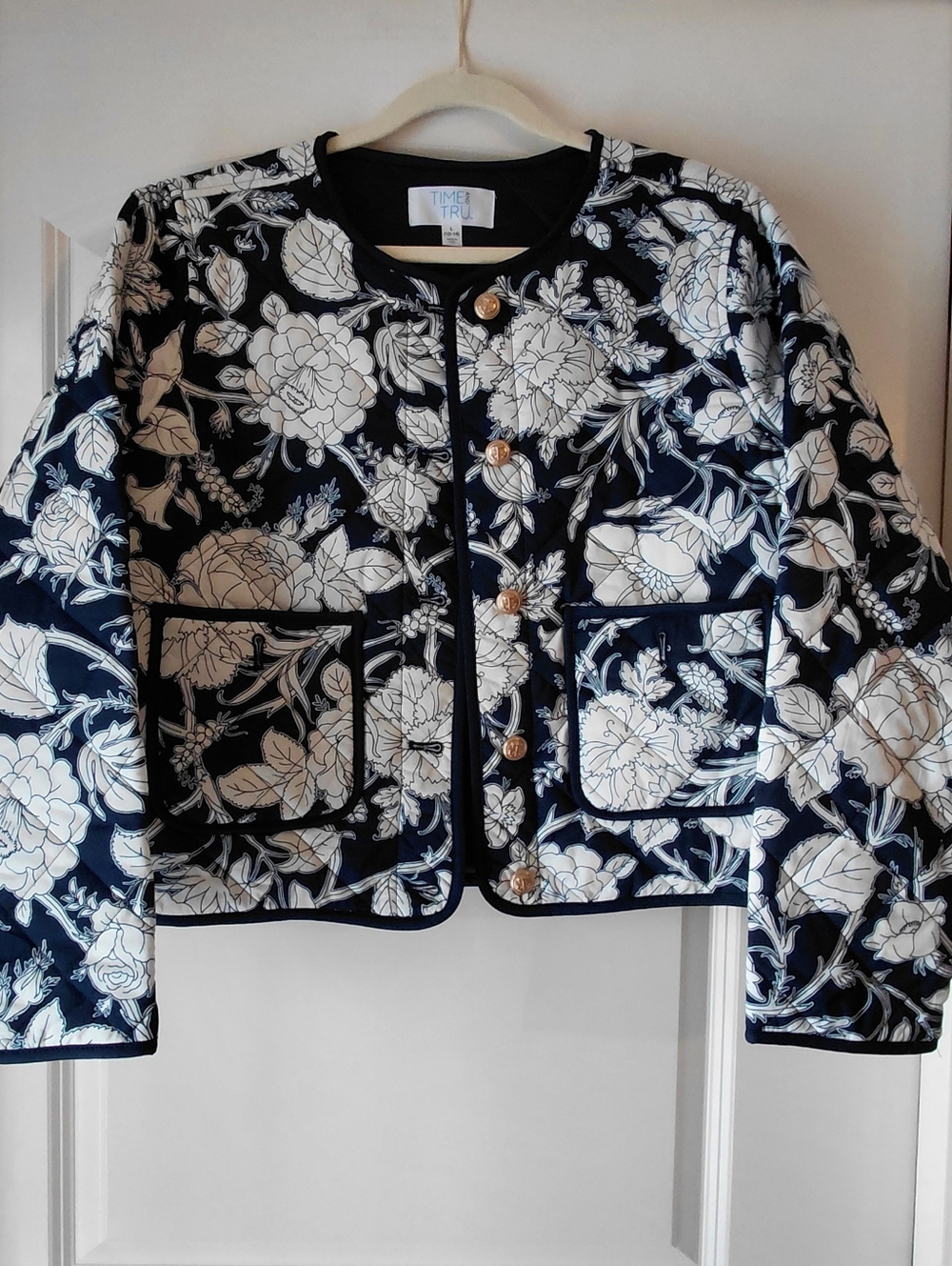 Navy Floral Quilted Crop Jacket
